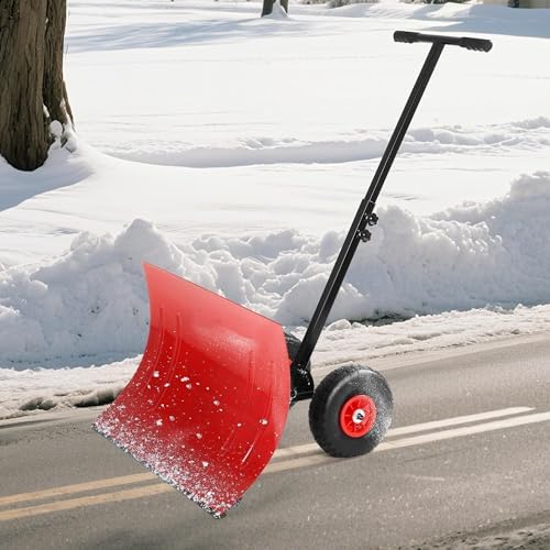 Heavy-Duty Wheeled Snow Plow with Adjustable Handle & Ergonomic Snow Shovel – Perfect for Driveways & Sidewalks (Red, 29.1" W x 19.7" H)