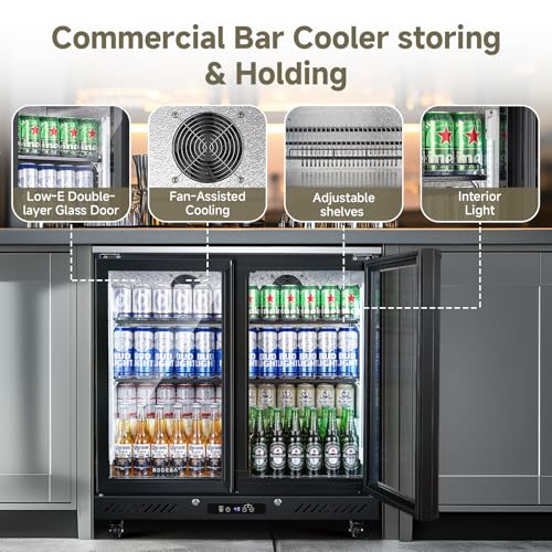 Image of BODEGACOOLER Back Bar Cooler with 2 Glass Doors,7.7 Cu.ft Commercial Back Bar Beverage Refrigerator Counter Height,LED Lighting for Soda Drinks,Beer,Wine Stainless Steel Top,DOE Approved,4 Casters