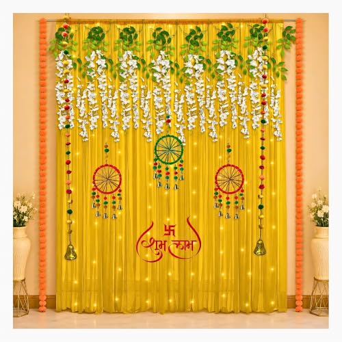 Image of Shimmers Decoration Kit Set of 17 Pcs, Yellow Net Curtains with Artificial Wisteria Flowers, Marigold Garland, Dream Catcher Hanging and Hooks for Ganpati Decoration Home Decor Setup