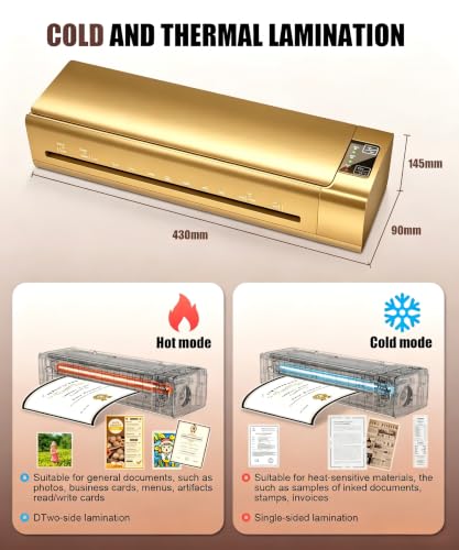 Image of 13 Inch Laminator Machine, A-3 9-in-1 Thermal Laminator with Sheets for Hot & Cold Laminating Machine, Features Fast 60-Sec Warm Technology and Never-Jam Design for Home,Office,or School Use (Gold)