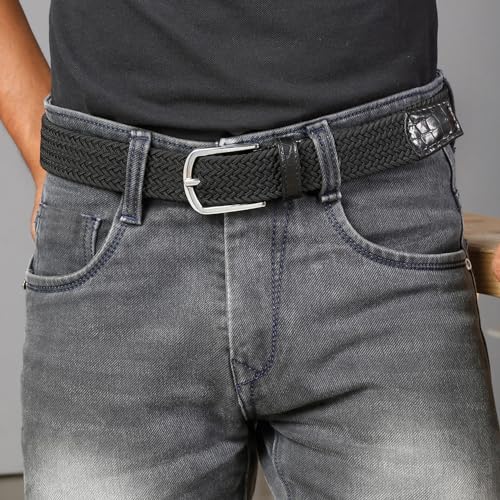 Image of LOUIS STITCH Men's Braided Elastic Stretch Belt with Leather Tipped End Stretchable Canvas Waist Band for Men Women Boys Girls Unisex (Width 3 cm) (BE-EL)
