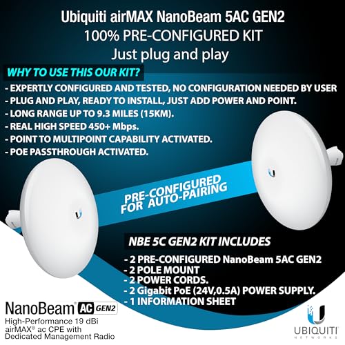 Image of Wireless Bridge NBE-5AC-GEN2 PRE-CONFIGURED Bundle of 2 Ubiquiti NanoBeam 5AC GEN2 with 4 CAT-8 Cable - Outdoor Point-to-Point Wi-Fi Bridge, Plug and Play, 450+ Mbps Speed, 15+ km Range