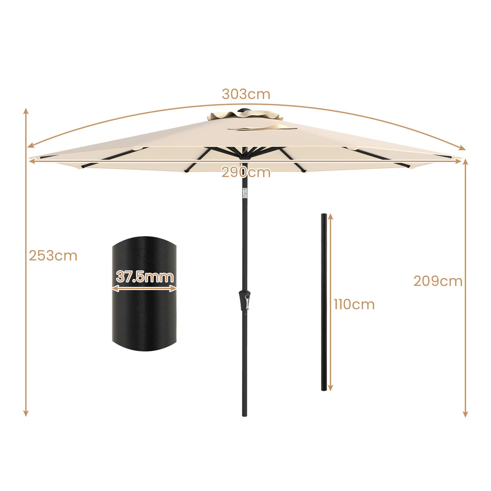 GYMAX Ombrellone da Giardino 3x3 M, 8 Stecche, Manovella, Parasole Inclinabile 25° in Poliestere, Palo in Metallo, Ideale per Cortile, Terrazzo, Mare
