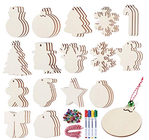64Pcs Christmas Wooden Ornaments Unfinished Wood Slices Hanging Decoration for Kids DIY Painting Crafts Party Gift Tags with Markers Strings Bells