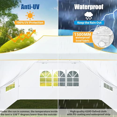 Image of HOTEEL 10x15 Pop up Canopy Tent for Parties, Heavy Duty Easy Setup Tent with 4 Sidewalls, Outdoor Commercial Instant Gazebo for Wedding Event, with Roller Bag & Sand Bags, White(Hexagonal Frame)