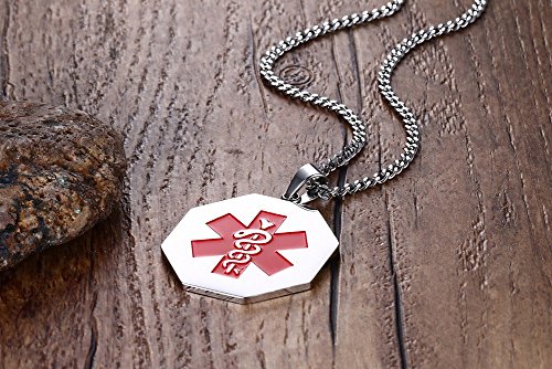 Mealguet Jewelry Free Engraving- Stainless Steel Octagon Medical Alert ID Tag Pendant Necklace with 24\" Chain