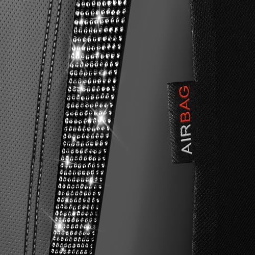 Image of CAR PASS Leather Car Seat Covers High Back Bucket Bling Diamond Front Seats, Waterproof Universal Shining Glitter Crystal Sparkle Fit Model 3 Tesla Model Y, Truck SUV Cute Women Girl, Black Rhinestone