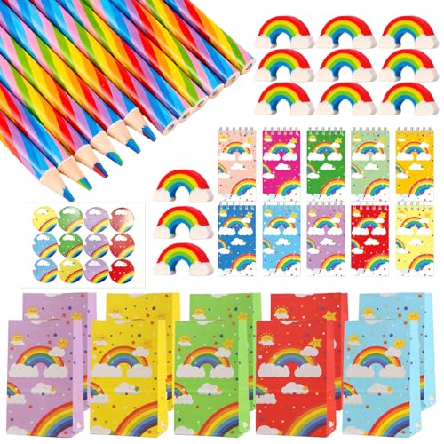 Conjunto de 45 peças com tema de arco-íris 12 lápis de cores multicoloridas incluídas lápis arco-íris borracha caderno bolsas de aniversário e autocolante adequados para festas e pintura artística