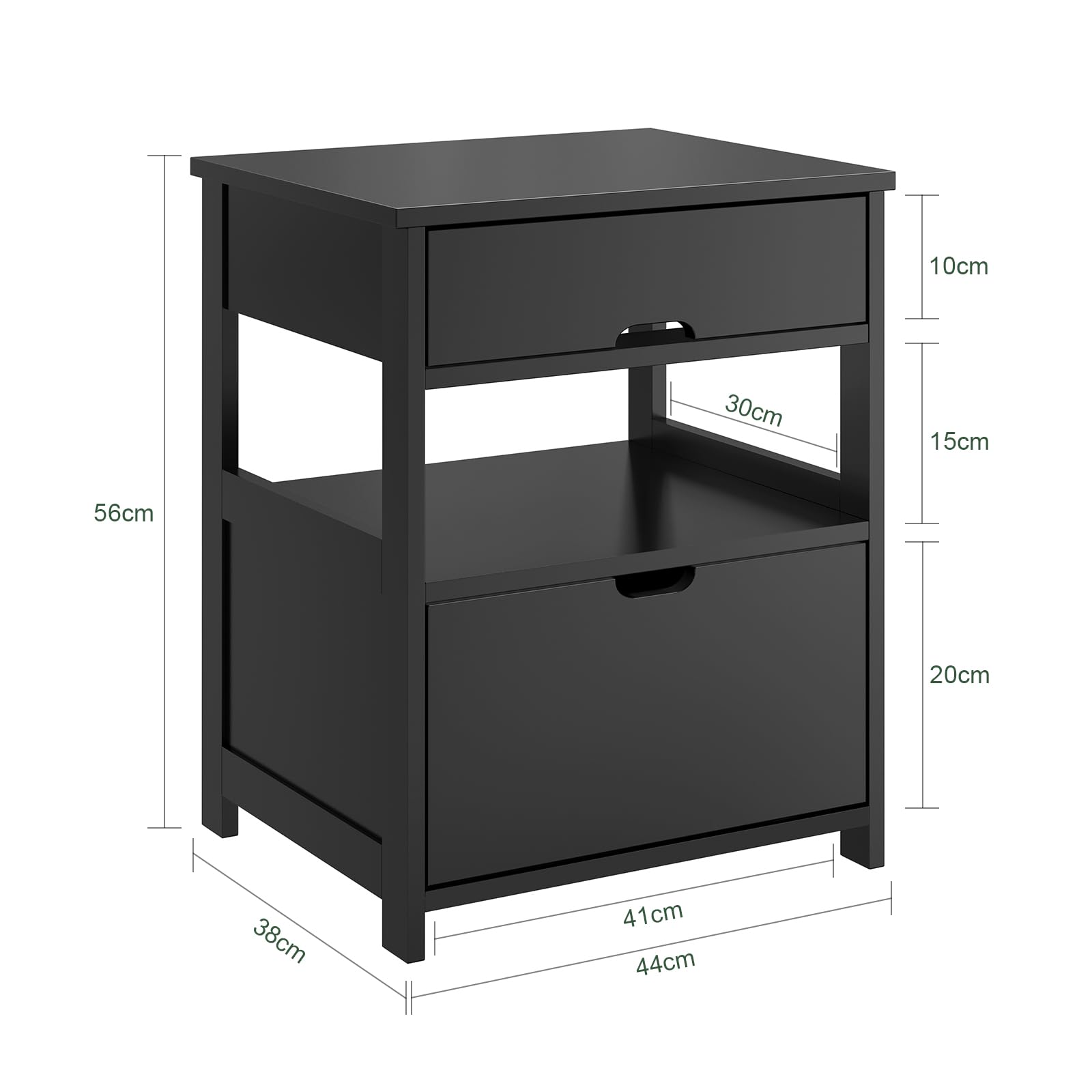 SoBuy Comodino Camera da Letto - Comodino con 2 Cassetti e 1 Ripiano, Tavolino Salotto - Moderna Cassettiera L45 x P38 x A55 cm Nero FRG258-SCH