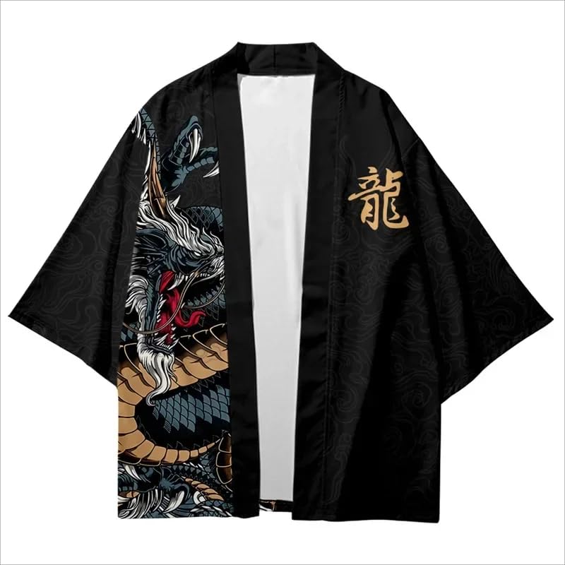 Japanese Traditional Dragon Pattern Kimono for Men Retro Samurai Classic Haori Harajuku Style Trendy Cardigan
