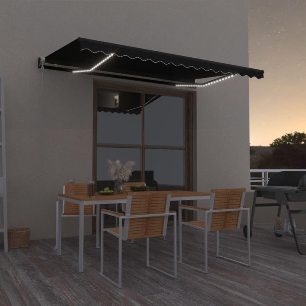 ACAGALA Tenda da sole elettrica, 450 x 350 cm, con braccio articolato con manovella e telecomando, LED e sensore di vento, tenda da sole automatica, per balcone, terrazza, giardino, antracite