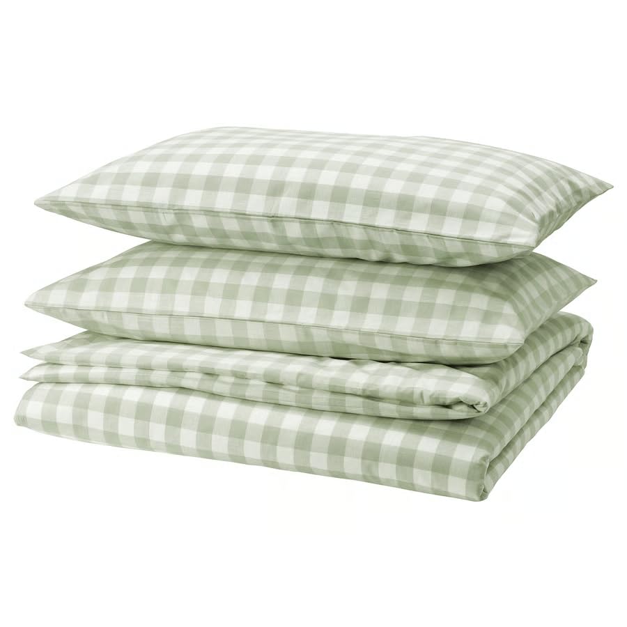 stoRk EKTANDVINGE Duvet Cover and 2 Pillowcases, Pale Grey-Green/White Check, 100% Organic Cotton, 240x220/50x80 cm (Pale Grey-Green White/Check)-image-12