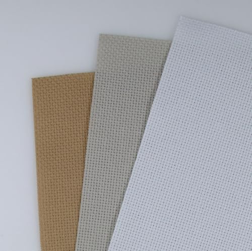 Image of KCS 3 pc of 15 inch x 18 inch(38cmx45cm) Counted Cross Stitch Cotton Aida Cloth Needlework Rolled Fabric Box,14CT,Khaki+Pearl Grey+White