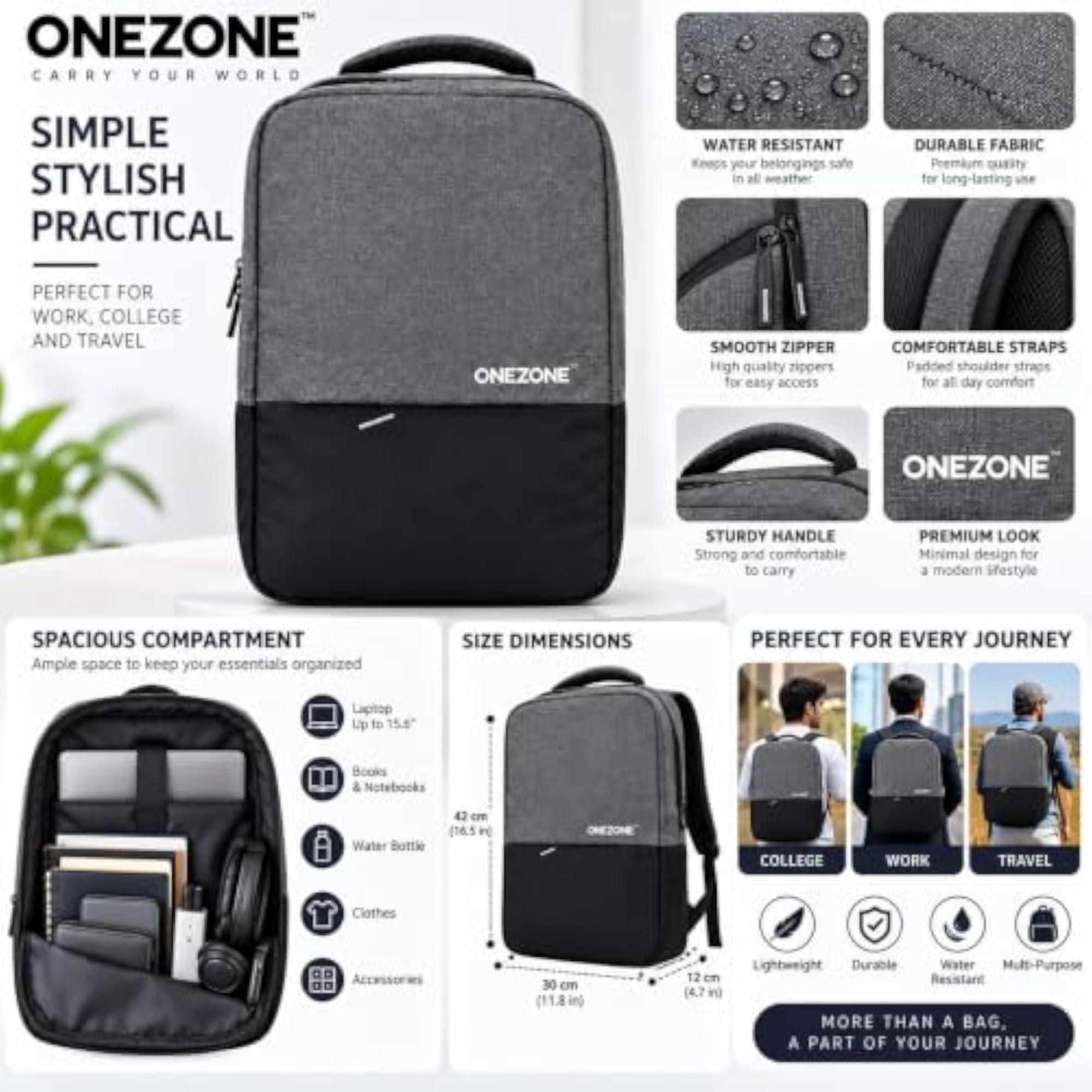 Water Resistant 15.6 Inch Laptop Backpack, Spacious Compartments