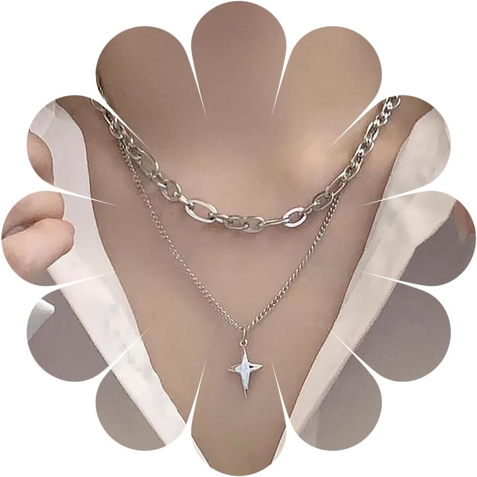 Boho Layered Star Pendent Necklace Small Luck Star Necklace Celestial Star Choker Necklace Silver Paperclip Chain Necklace Jewelry for Women