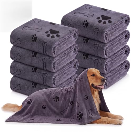 Image of Chumia 8 Pcs Dog Towel for Drying, 55 x 28 Inch, Dog Paw and Bone, Gray
