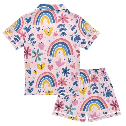 ALAZA Flower Rainbow Heart Pajamas Satin Pajama Set Short Sleeve Button Down Sleepwear2