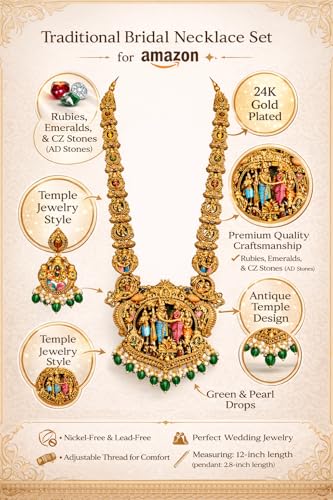 Image of Premium Sita Ramam Temple Jewellery Long Haram Set for Women | Antique Gold Plated Bridal Necklace with Rama Sita Lakshmi Motifs & Pearl Danglers | Traditional South Indian Wedding Jewellery with Matching Earrings