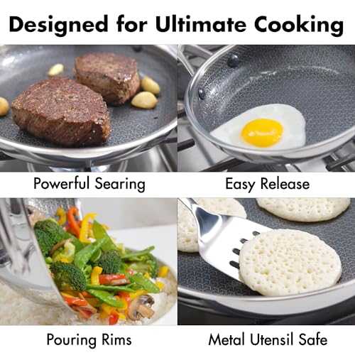 Image of OXO Hybrid 8 inch 10 inch & 12 inch Frying Pan Skillet Set With Lids, PFAS-Free Ceramic Nonstick, Fusion Boost Tech, Powerful Searing, Induction & All Cooktop Compatible, Dishwasher Safe, Mirror Polished Tri-Ply
