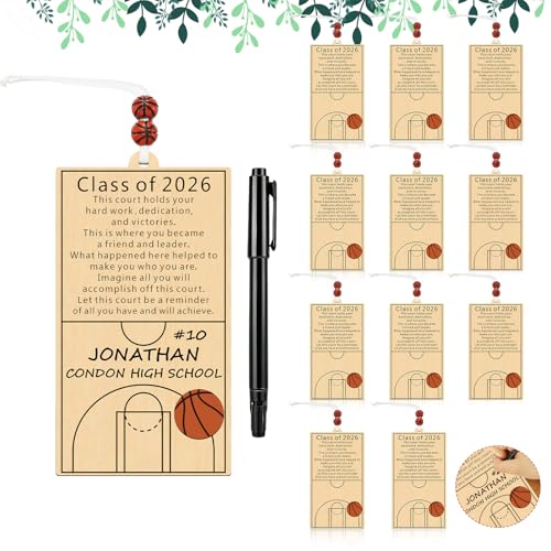 Novabright 12 Pack Basketball Senior Night Team Gifts DIY Wooden Gift Names Tags Ornament Engraved with Name Number School Name Handmade Basketball Decor and 1 Pen for Graduation or Team Banquet Favor