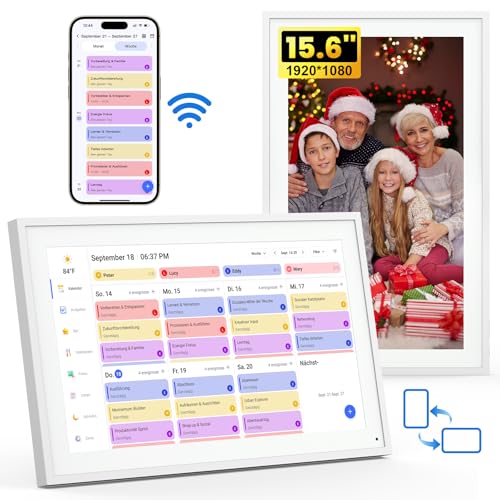 NEWYES Digitaler Familienplaner 15,6 Zoll Full HD mit Touchscreen –WLAN-Digitaler Kalender & Digitaler Fotorahmen (1920x1080), Google & iCloud Kalender Sync, APP, 32 GB, Geschenk für Frauen