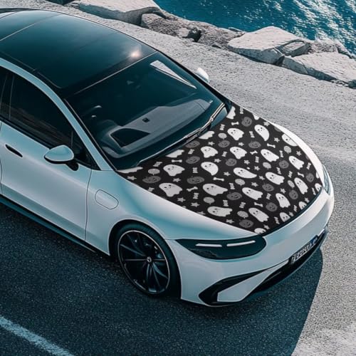 Image of Cute Ghost Pumpkin Print Car Hood Cover Protector 59x39 Inch Stretchable Auto Hood Wraps Waterproof Halloween Automotive Exterior Accessories for Most SUV Sedans Trucks