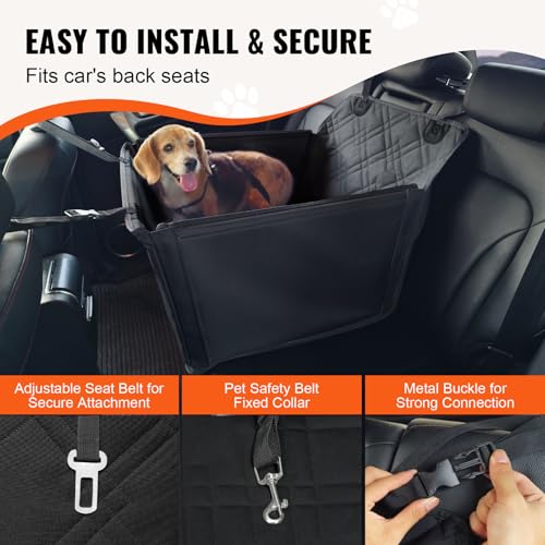 VEVOR Autositz Hunde 605 x 605 x 500 mm, Hundeautositz mit Stützrahmen, Haustierautositz mit ansteckbarer Sicherheitsleine, Baumwollfüllung, Rücksitz für kleine mittele Hunde bis 18 kg, Schwarz