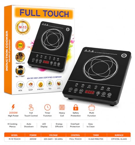 Image of M-13 Touch Induction Cooktop, 2000W, Full Touch Control, 8 Cooking Menus, Timer Function, Crystal Glass Surface