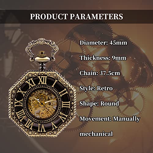Whodoit Antique Mechanical Pocket Watch For Men，Irregular Octagon Skeleton Pocket Watch, Roman Numeral Dial With Chain + Box #TOP5