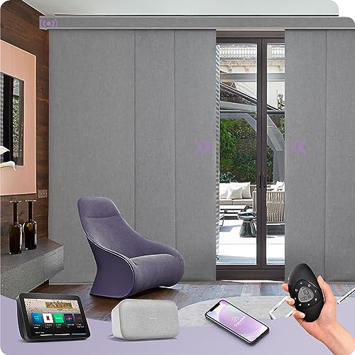 Graywind Motorized Sliding Panels Blackout Compatible with Alexa Google Smart Panel Track Blinds Remote Shades for Patio Sliding Door, Custom Size (Light Grey)