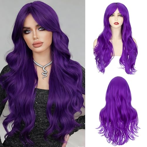 Image of S-noilite Purple Wig 26 inch Long Wavy Purple Anime Cosplay Wig with Bangs for Women Heat Resistant Synthetic Hair Colorful Wigs for Halloween Costume Party