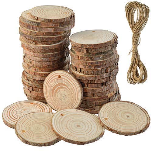50 Pcs Natural Wood Slices Unfinished Predrilled Round Discs Hole Wooden Circles with 40 Feet Natural Jute Twine 2.4