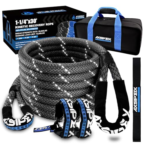 Kinetic Recovery Rope Kit (Reflective), 1.25in x 30ft 56,000Lbs, 35% High Elasticity, w/ 2 Soft Shackles, 18,666Lbs Work Load Limit for 4x4 Offroad Vehicle