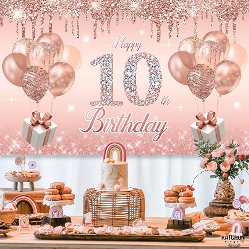 Image of 10th Birthday Decorations for Girls,Banner,Backdrop, it's my 10th Birthday Sash, Sweet Rhinestone Tiara Crown,Balloons