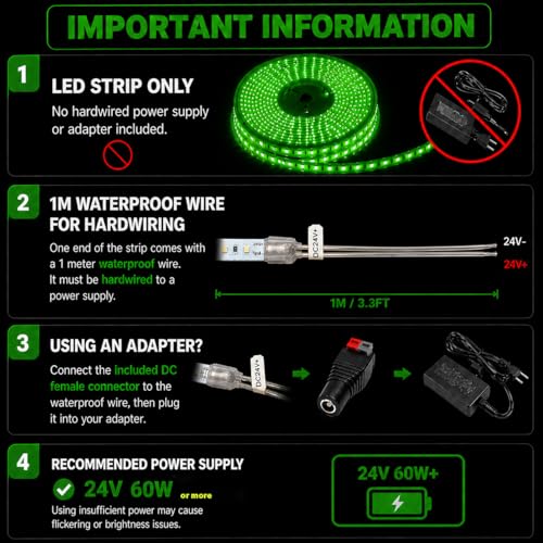 Image of SuperLightingLED IP68 Waterproof Green LED Strip Light, 24V 5m /16.4ft Bright Dimmable & Cuttable 600 LEDs Flexible Silicone LED Rope Light for Sauna, Patio, Marine & RV Use (Green)