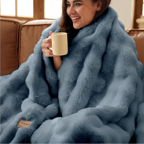 Image of Bedsure GentleSoft Fluffy Fuzzy Greyish Blue Throw Blanket, Soft Cozy Fleece Faux Fur Blanket for Couch, Blue Room Decor Coloring Bed Cover, Thick Warm Plush Birthday Gifts for Women Men Over 60
