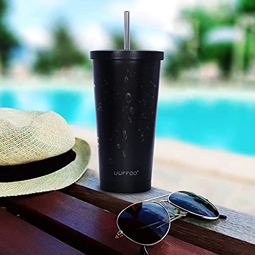 IROO Termosflaschen 600 ml, vaso aislado con pajita y tapa de doble pared para bebidas calientes y frías, vaso útil para oficina, escuela, camping (negro)