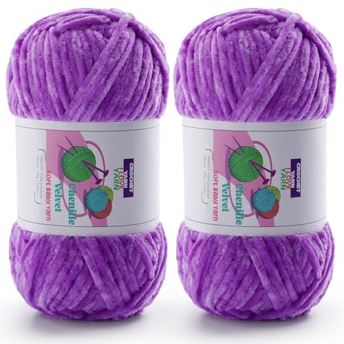 Image of Chenille Velvet Yarn for Crocheting, Purple Fuzzy Fluffy Yarn for Crochet | 2 Pack of 3.5 Oz /131.2 Yds Bulky Thick Chunky Yarn for Crocheting, Soft Amigurumi Yarn for knitting Baby Blankets, Scarves