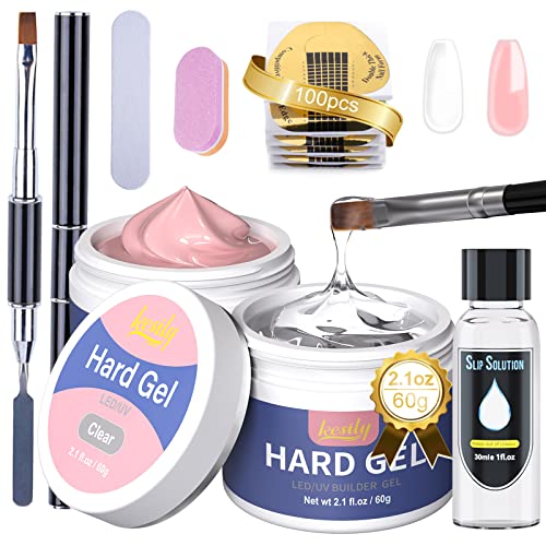 Builder Gel Nail Kit -2 oz Clear&Pink Nail Extension Gel Big Capacity Builder Gel for Nails,Hard Gel Strengthen Set with Nail Forms Brush Nail File DIY for Nail Art Manicure