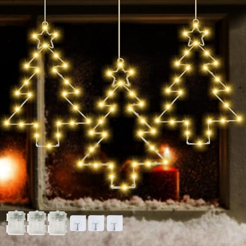 Image of 3PCS Christmas Window Lights, 30CM Christmas Tree Light with Timer Waterproof Hanging Tree LED Light Window Warm Light for Party Indoor Outdoor Window Xmas Decoration