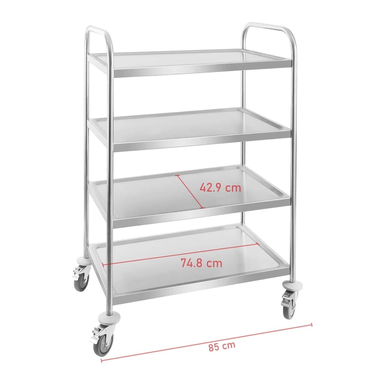 Royal Catering - Servierwagen Küchenwagen (4 Borde, 200 kg belastbar, 85 x 52,5 x 124 cm, 27 cm Abstand, Leichtlaufräder, Feststellbremse, Edelstahl) Silber