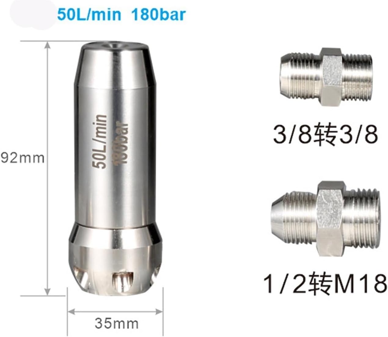 1/2 Inch BSPT Turbo Head and Rotor Nozzle for Drain Cleaning - Stainless Steel, High Flow Rate 30-80L/min(Bullet shape 83L)