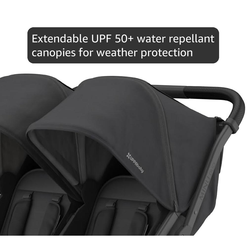 UPPAbaby Minu Duo Side-by-Side Double Stroller - Lightweight + Compact Design for Travel - Easy Fold- from Birth to Toddler - Independent Recline - Jake (Charcoal/Carbon Frame/Black Leather)