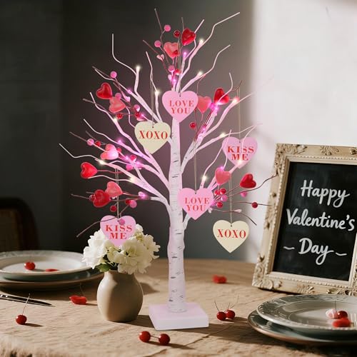 DR.DUDU 2Pcs 24 Inch Valentines Day Birch Tree Lights, Artificial Branch Tree Hanging Heart Ornaments, Pre-Lit Tabletop Bonsai Tree Light, Lighted Branches for Home Wedding Party Table Mantle Decor by DR.DUDU - Image 3