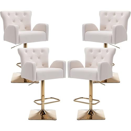 Kmax Velvet Bar Stools Tufted Modern Counter Height Stools 360°Swivel Adjustable with Golden Square Base Footrest Arms for Kitchen Island&Bar, Set of 4- Cream