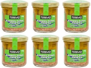Fish 4 Ever - 6x 150g Skipjack Tuna Fillets in Organic Olive Oil - Sustainably Fished. Canned Glass Jar Food Rich In Omega-3. Great Used In Salads, Sandwich Spread Or Hot And Cold Snacks (Pack Of 6)