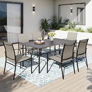 PHI VILLA Gartentisch mit Stühlen Garten Sitzgruppe mit 6 x Braune Textilene-Esszimmerstühle Schwarzer Rechteckiger Metall-Esstisch für Terrasse, Deck, Hof, Bistro