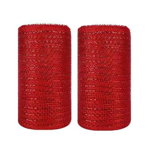 JStnana 2 Rolls Red Mesh Ribbon for Wreath Crafts 6 Inch x 30FT Per Roll Metallic Foil Deco Mesh Rolls Decorative Mesh Fabric for Christmas Tree Wreath Garland Swag Basket Home Party Decor