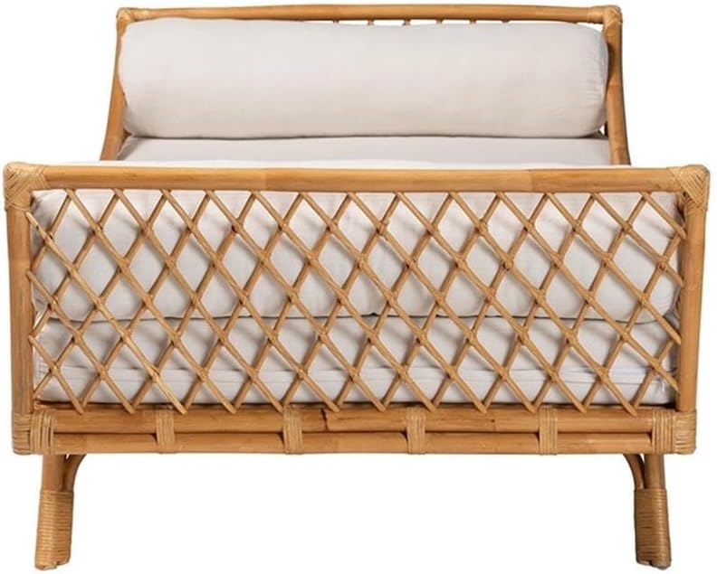 Pemberly Row Natural Rattan Lattice Daybed, 82.7" W x 40.2" D x 26.4" H, Handcrafted Bohemian Style with Cushion and 2 Pillows, Soft Fabric Upholstery, Rustic Design for Living Room, Sunroom, Guest