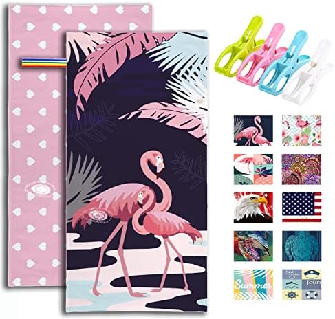 Geduazga Adults Oversized Sand Free Beach Towel 70 x 30 Women Flamingo Quick Dry Beach Towel Mens Microfiber Lightweight Travel Beach Towel,with Four Beach Towel Clips